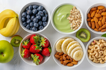 Flat lay of healthy snacks like fruits, nuts, and smoothies on a white background.