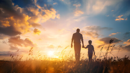Silhouettes of Father and Children at Sunset in Field