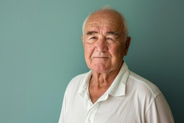Obraz premium Portrait of a satisfied caucasian man in his 80s wearing a classic white shirt on solid color backdrop