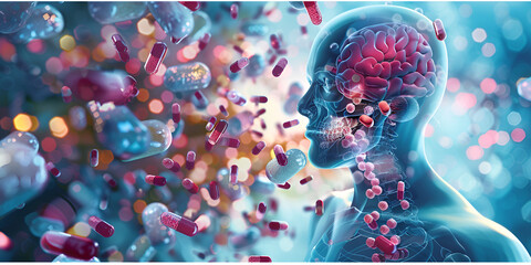 "Human Brain with Pills - Cognitive Health and Medication | Brain and Medicine - Pharmaceutical Impact on Mental Health"

