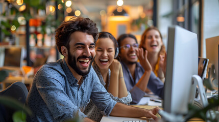 Obraz premium Joyful Colleagues Sharing a Laugh Together in a Modern Office
