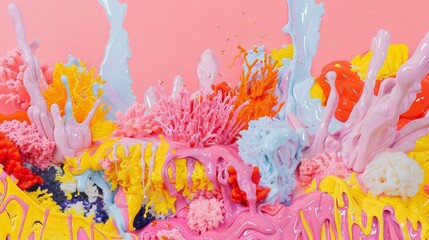 A vibrant and abstract amalgamation of organic and geometric shapes There are flowing liquidlike structures in hues of pink yellow and blue Interspersed among these are corallike formations in shades