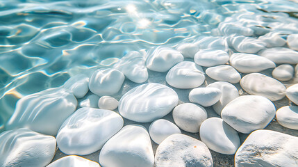 Serene Water Surface with Glistening White Stones and Sunlight