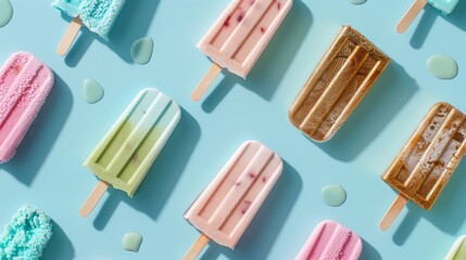 Obraz premium A repetitive pattern of various popsicles on a light blue background The popsicles come in different colors and textures a pink one with a wooden stick a blue one with a woven texture a green one with