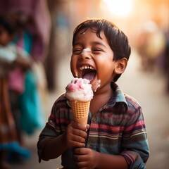 A toddler sits at the table, happily holding a cup of ice cream in one hand. His other hand gestures to share, with a big smile on his face