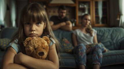 A young girl hugging her teddy bear while her parents are quarrel fighting at home, family problem, conflict, sadness, divorce.
