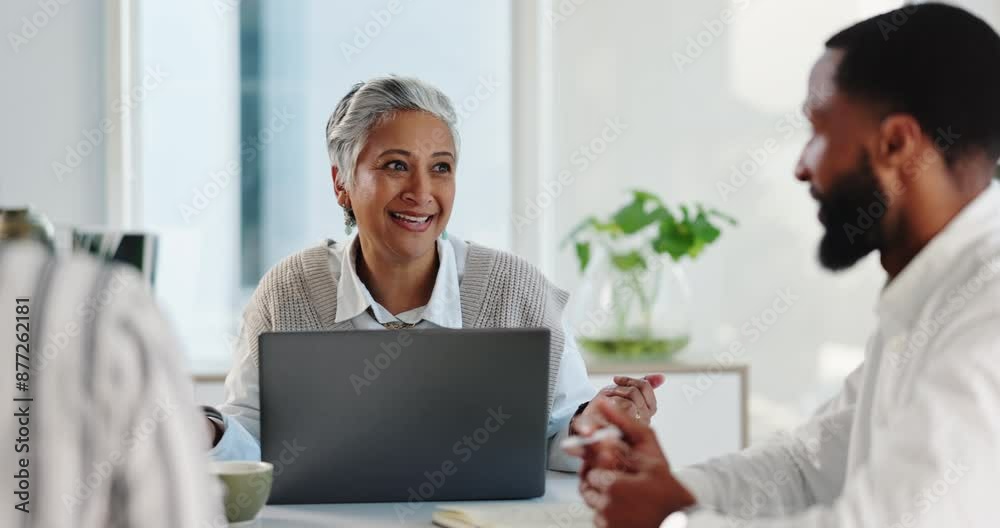 Poster business, people and conversation in office for meeting with management consultant, collaboration an