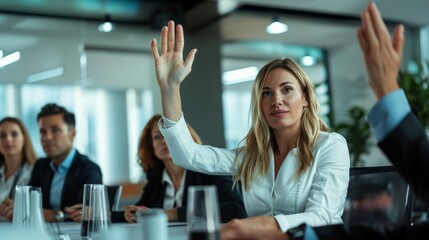 Businesswoman raising her hand for a question asking in a meeting room, Business meeting concept.