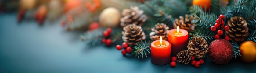 Close-up photograph of a holiday centerpiece with pine cones, candles, and berries, placed on a brightly colored background, holiday season preparation, high angle