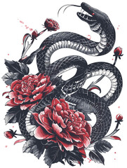 A snake with red flowers on its body. The snake is black and has a red head