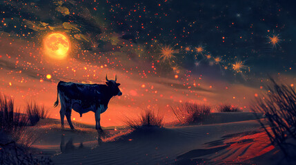 Naklejka premium Mystical Cow Under a Sky of Dreams