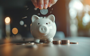 Saving Money Concept with Golden Coins and Piggy Bank