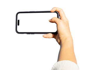 Hand holding smartphone to take photo isolated on transparent background. Mobile blank screen for mockup, png file