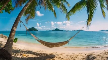 Fototapeta premium Wide Angle Shot of a Tropical Beach with Hammock Under Palm Trees and Turquoise Water