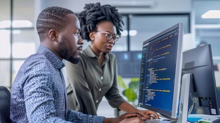 Two people are working on a computer monitor, one of them is a woman