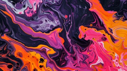 Obraz premium A captivating abstract art piece featuring a harmonious blend of vivid orange deep purple and warm pink hues The colors intermingle and intertwine creating a mesmerizing fluid effect that evokes the e