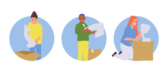 Isolated round composition set with happy people packing cardboard boxes moving to a new house