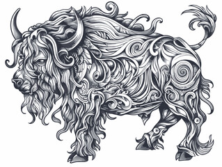 A stylized drawing of a buffalo with a horn on its head. The buffalo is depicted with a lot of detail, including its mane and tail. The image has a whimsical and artistic feel to it