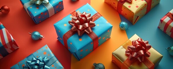 Close-up photograph of holiday-themed gift wrap, tags, and bows, placed on a brightly colored background, holiday season preparation, top view