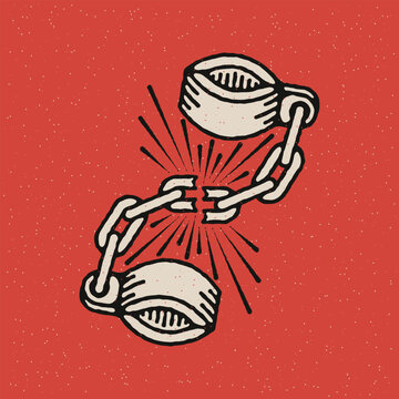 Broken shackles with rays. Traditional tattoo flash. Vector illustration on grunge texture background.
