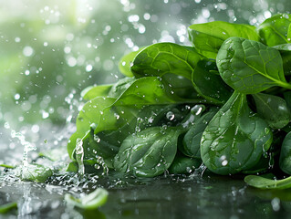 Fresh Spinach Leaves with Water Droplets on a Dark Background