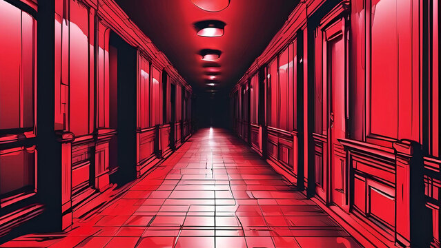 Red Hottel Room Corridor Comic Style 4, Red Scarry Backgrounds 