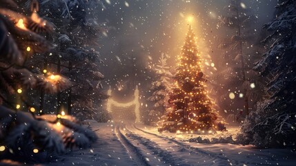Fototapeta premium A Christmas tree is lit up in a snowy forest