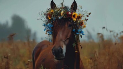 A horse wearing a floral crown, great for equine-themed events or nature-inspired designs