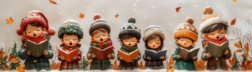 Cute Cartoon of children singing Christmas carols, holding songbooks, festive background, holiday season preparation, medium shot