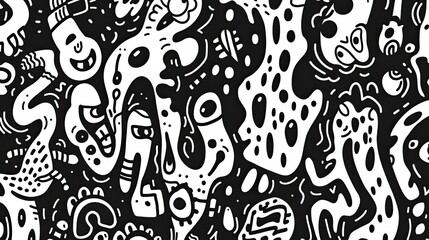 A black and white drawing of various cartoon characters and objects