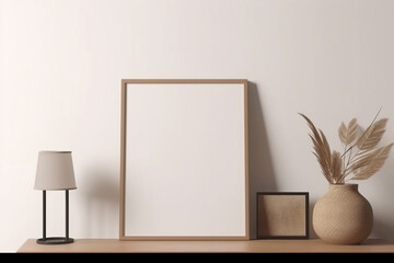 Blank print frame mockup with plants and decor on light background, minimalist style