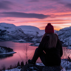 Obraz premium Serene Winter Sunset: Lone Person Contemplating Over Snowy Lake