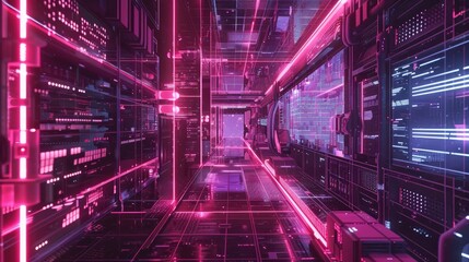 A neon pink and purple cityscape with a futuristic feel