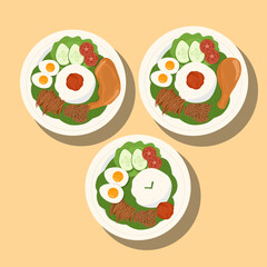 set of icons of food Asian food Nasi Lemak is a rice dish infused with coconut milk. Served with sambal, fried anchovies, fried peanut, boiled eggs, and fresh cucum