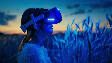A young girl is playing with a virtual reality headset in an open field, surrounded by nature