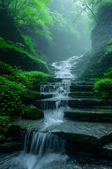 Fototapeta premium Enchanting Tropical Waterfall Oasis Shrouded in Mist