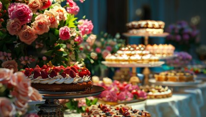 Elegant Dessert Buffet Spread with Colorful Cake and Floral Arrangements at Event, Festive and Luxurious, Tempting Display