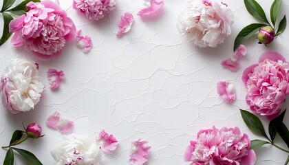 Elegant Pink Peonies Bordering Blank Embossed Paper on Pristine White Background, Invitation Card, Copy Space, Delicate and Beautiful