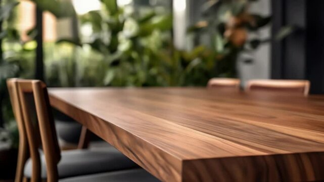 A detailed view of a wooden table with chairs, perfect for use in interior design or furniture photography