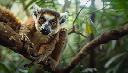 Hanging Lemur on Tree Branch in Lush Green Rainforest, Looking Directly at Camera, Detailed and Natural, Wildlife Photography