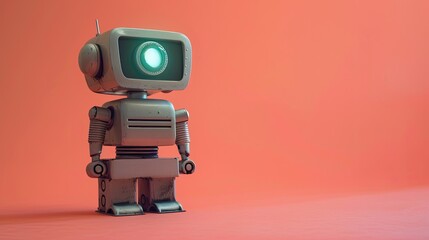 Fototapeta premium A robot with a green face stands on a red background