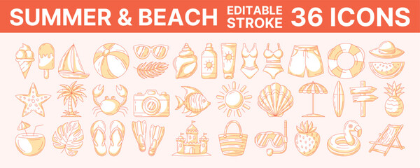 Summer and beach, vector minimalist orange line icon set. Editable stroke and color. Outline icons collection of seasonal rest and vacation accessories. Concept of travel, holiday, tourism, relax