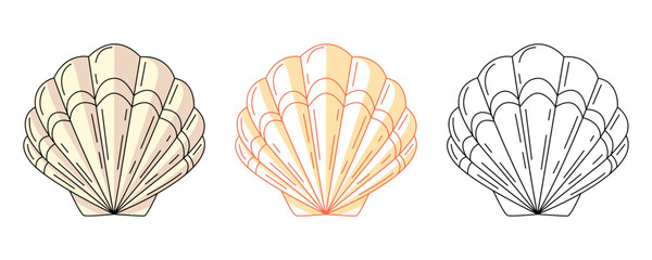 Seashell or scallop, colorful and line icons set. Summer beach, underwater, marine concept, vector outline icon, monochrome and color illustration. Summertime. For sticker, coloring book, logo, label