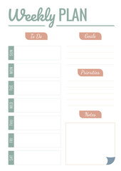 Weekly Planner Template with Place for Notes. Vertical A4 format weekly personal plan