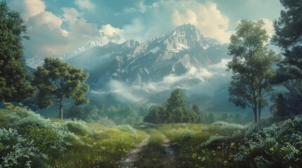 A beautiful mountain landscape with a path leading to the mountains