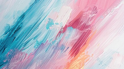 A painting with blue, pink and white colors