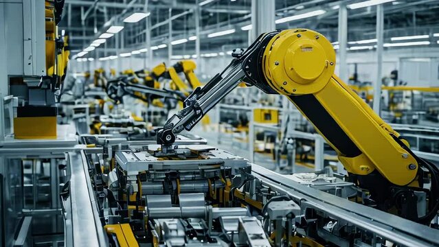Advanced Manufacturing: Factory Robot Arm Assembly of Lithium or Sodium Batteries for Electric Vehicles. Generated with Ai