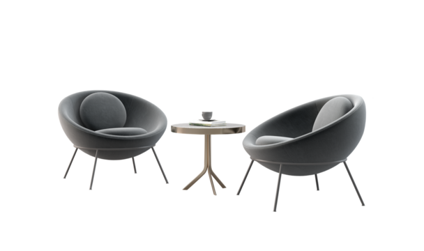 Modern grey armchairs with table isolated PNG.Generative AI