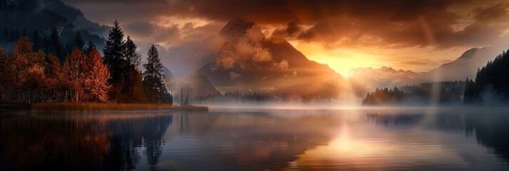 Mystical mountain lake with dramatic sunset skies