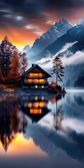 Fototapeta premium Charming lake house amid autumn colors and mist